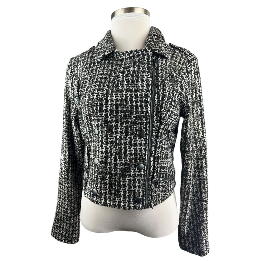 Revolve x House of Harlow Tweed Moto Zip Cropped Jacket XL Blk Wht Biker Chic - Picture 3 of 16